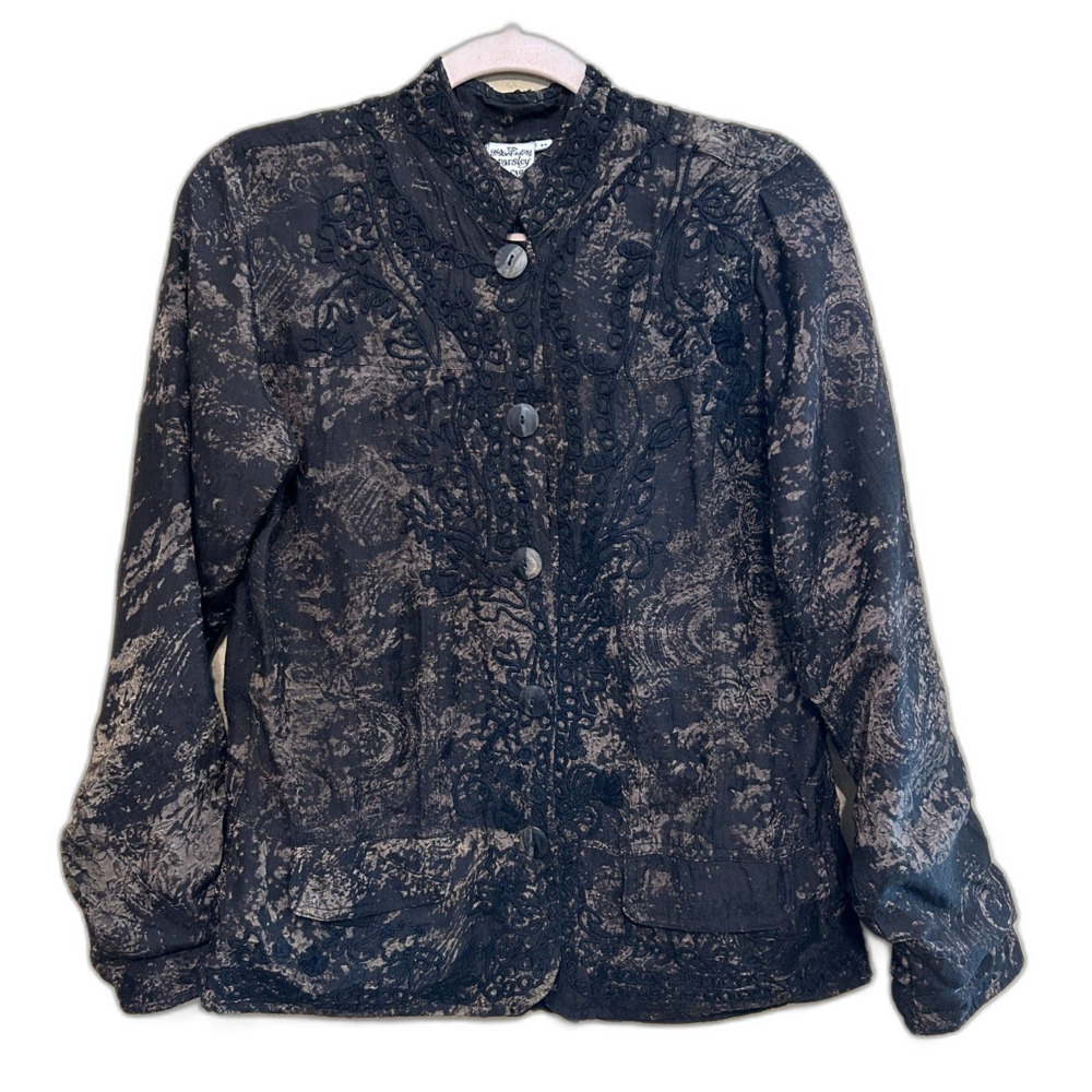 Parsley & Sage Embroidered Button Up Jacket Women Medium Black Tan Art Lagenlook